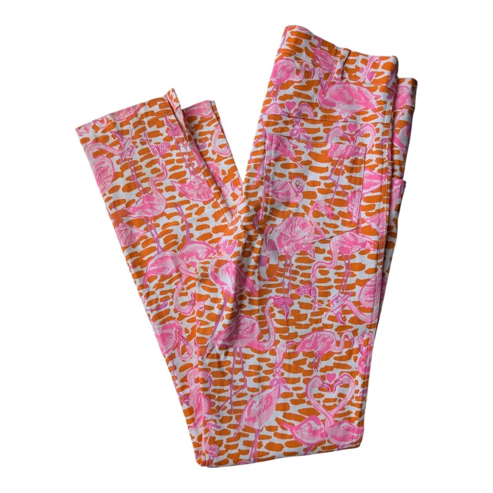 Gretchen Scott Orange And Pink Flamingo Skinny Pant Junior's Size Small Tropical